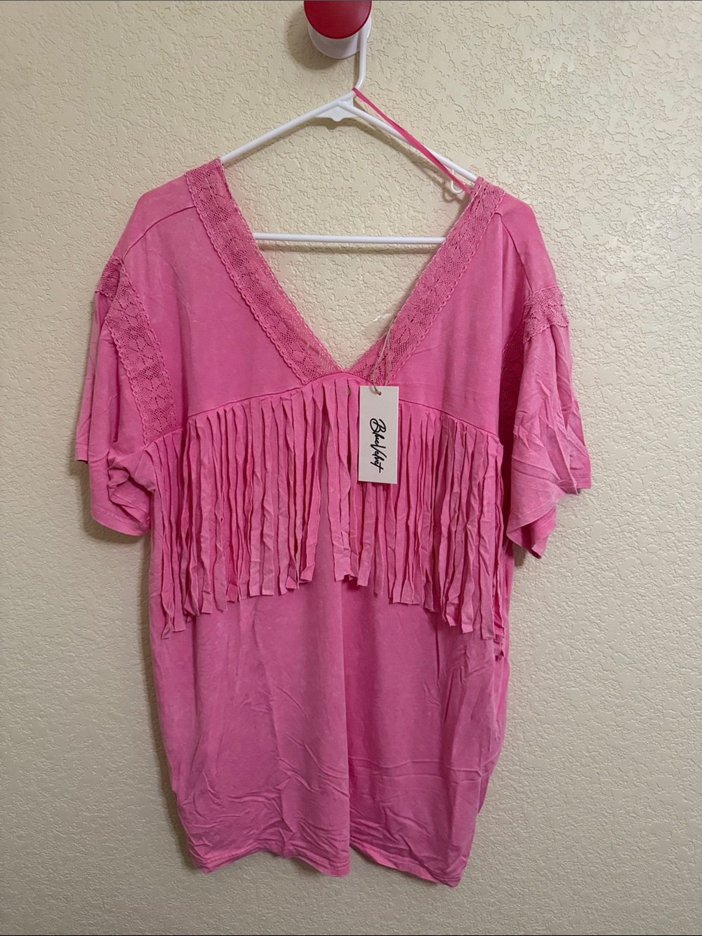 Blue Velvet Pink Fringe V-Neck Short Sleeve Tee